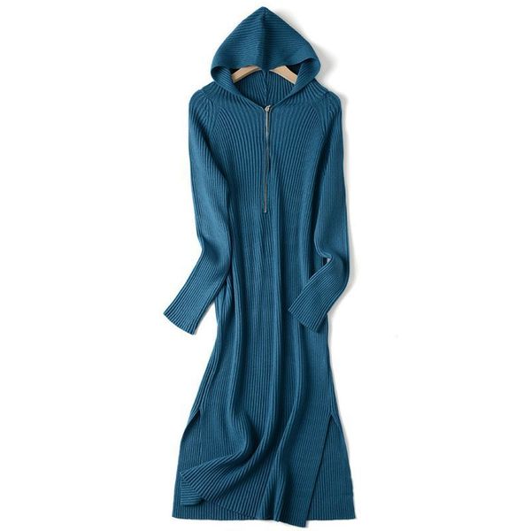 

gigogou solid knitted long straight dress women winter hooded zipper sweater dress lady split up casual midi dress vestidos pull 201126, Black;gray