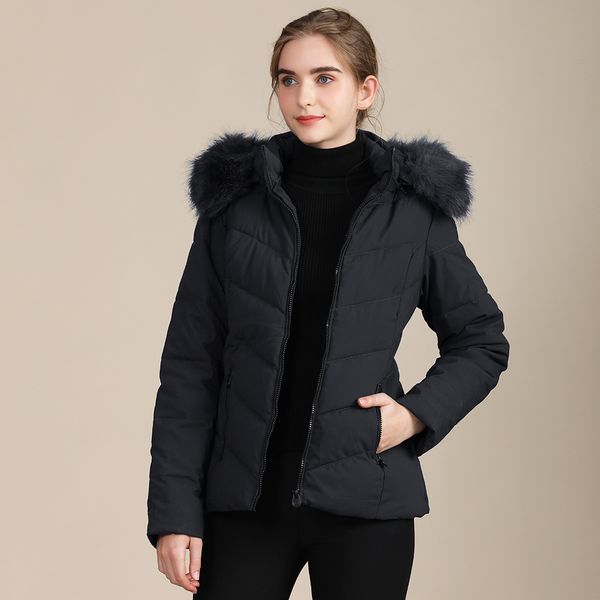 

2021 the new new new thin-fitting winter cotton-quilted female jacket thin and fur collar with hoodie ladies coat s8w9, Black