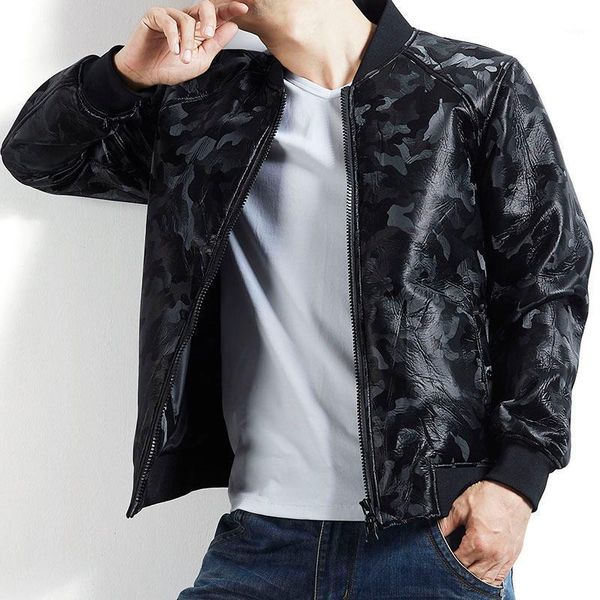 

new camouflage leather jacket men baseball collar jacket slim fit mens leather jackets coats pu autumn plus size 7xl1, Black