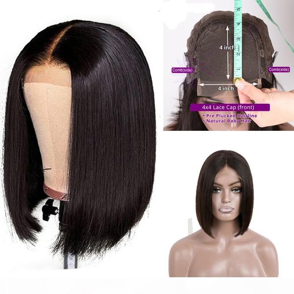 

9a 150% density peruvian straight bob human hair 4x4 lace wigs nature color lace frontal wig peruvian straight hair bob wig, Black;brown
