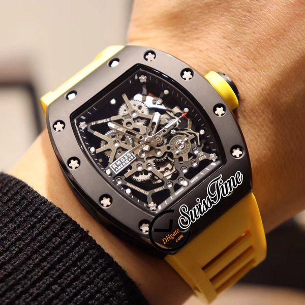 

new rm035 america5 y-tzp black ceramic case skeleton dial miyota nh automatic 035 mens watch sapphire yellow rubber sport watches swisstime, Slivery;brown