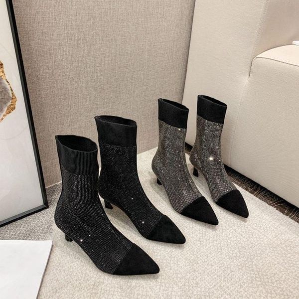 

bling crystal ankle boots for women pointed toe genuine leather slip-on 2021 new fashion luxury middle heel boots women hot, Black