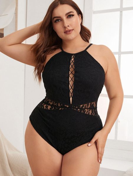 

plus floral lace crisscross teddy bodysuit y2j9#, Black;white