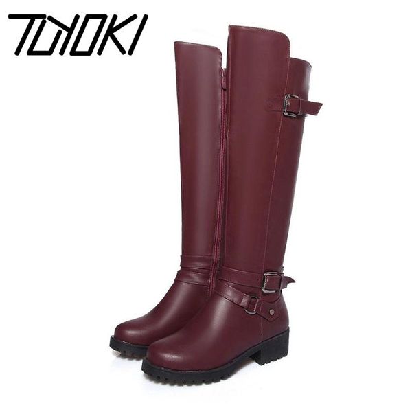 

tuyoki 4 colors pu leather woman straight boots buckle zipper flats knee high boots daily office ladies shoes woman size 34-43, Black