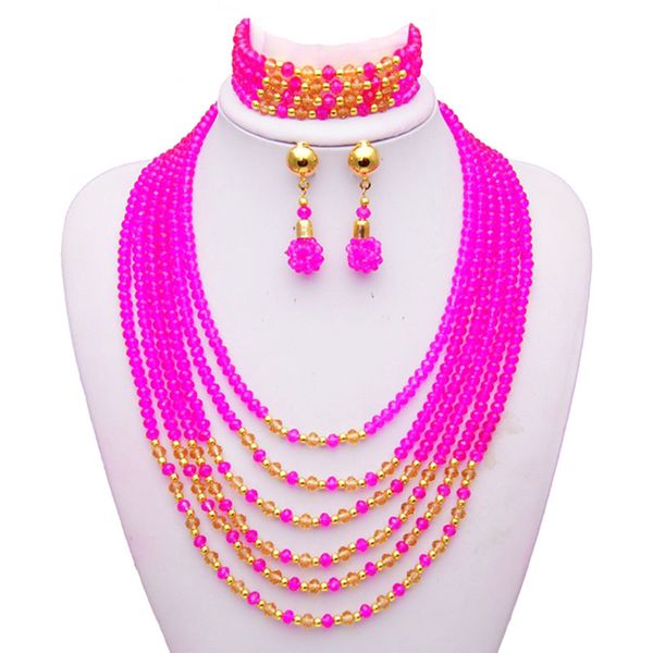 

yulaili trendy pink bead multilayer necklace bracelet drop earrings for women nigerian traditional wedding african beads jewelry sets, Black