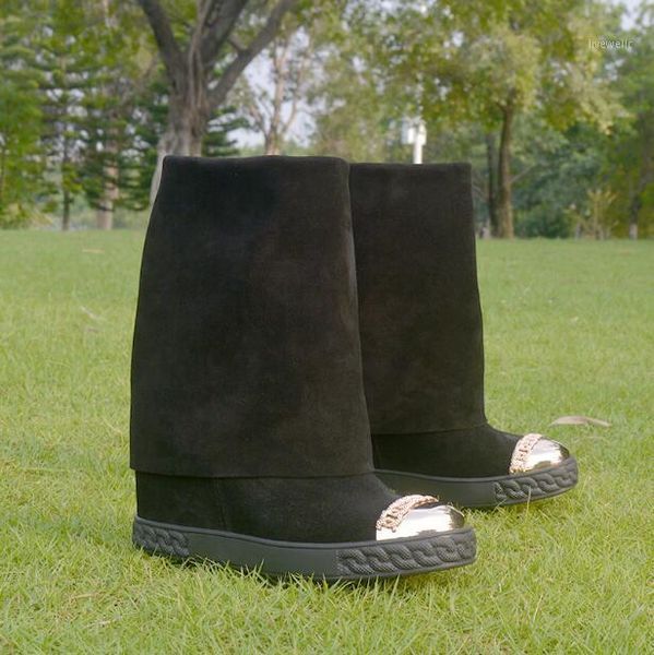 

boots woman black suede gold metal toe 8 cm wedge height increasing round mid-calf fold casual slip on boots1