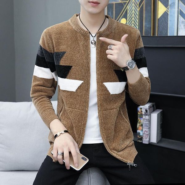

fall and winter 2020 new men's sweater warm cashmere zipper open-cardigan men's leisure knitted sweater overcoat jacket1, Black;brown