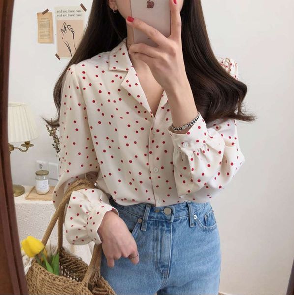 

2020 red wave point dign popular long sleeve chiffon shirt korean women's loose top, White