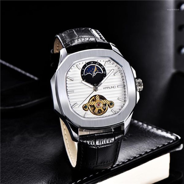 

KARUNO Men Watches Mechanical Watch for Men's Fashion Automatic Watch Men Moon Phase Square Leather Watches Wristwatch Clock1, Slivery;brown