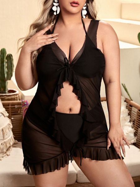 

plus solid halter bikini swimsuit & cover up d2gd#, Black