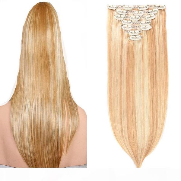 

piano color 100g virgin thick clip in hair extension 7pcs clip in human hair extensions straight 4a 4b 4c, Black;brown