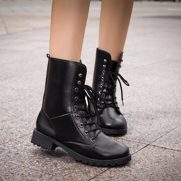 

new women boots lace up pu leather ankle boots autumn winter low heels platform black ladies shoes punk short1