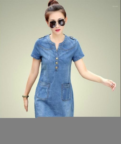 

2020 new arrival plus sizes v-neck solid denim dresses summer women denim dresses short sleeves loose a word 176a 251, Black;gray