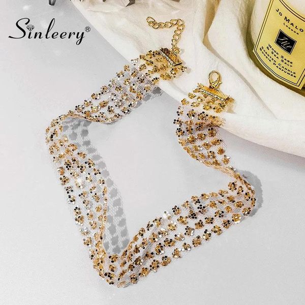 

sinleery shiny sequins mesh lace wide choker necklace collar women girl wedding jewelry accessories 2 colors xl023 ssk, Golden;silver