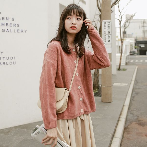 

korean version of autumn winter 2019 simple and sweet coat sweater small fresh and loose crew neck versatile solid color sweater coat woman, White;black
