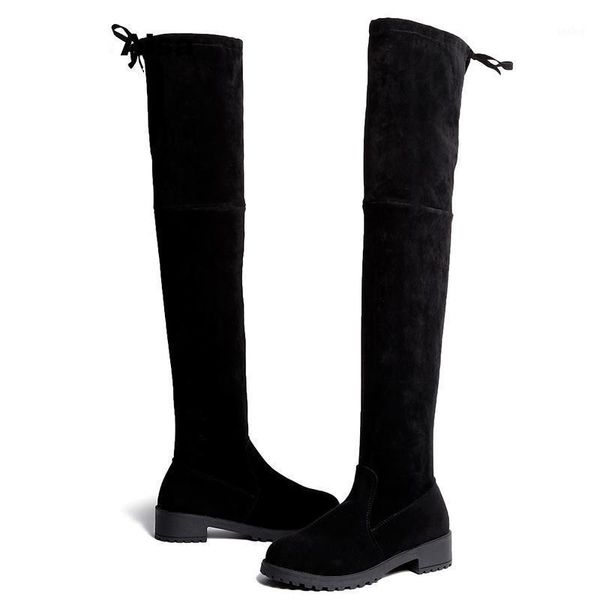 

winter over the knee boots woman shoes long stretch fabric thigh high round toe high (5cm-8cm) short plush flock1, Black