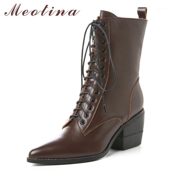 

boots meotina winter ankle women natural genuine leather thick high heel short zip pointed toe shoes ladies autumn size 391, Black
