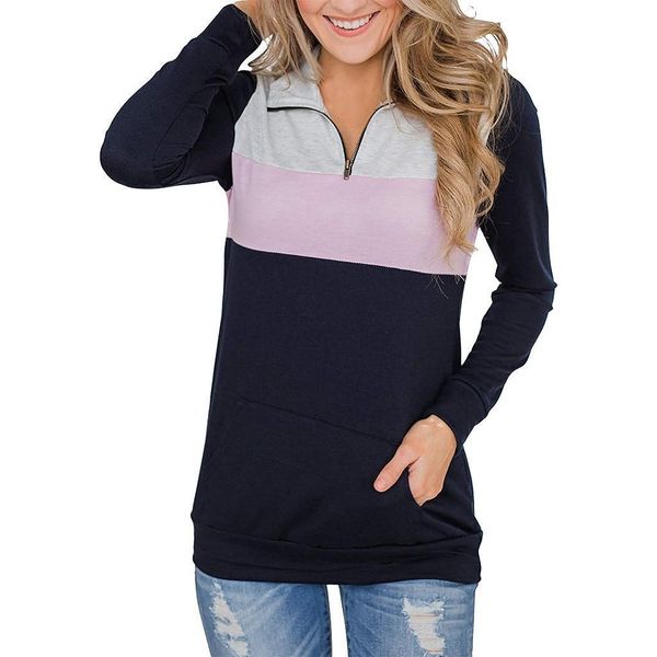 

womens autumn blouse zip color block long sleeve tunic sweatshirt patchwork pocket blouses winter ladies girls 802, White