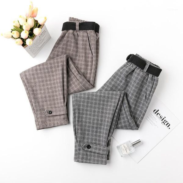 

women's wool plaid pants with belt korean ankle-length harem pants loose high waist autumn trousers female casual boot wear p5881, Black;white