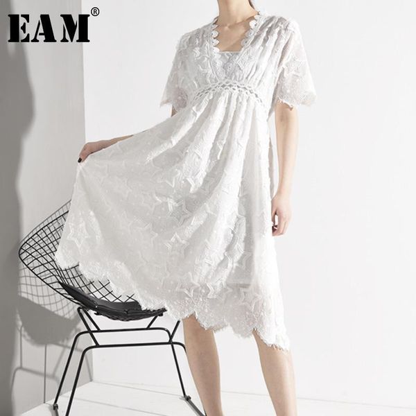 

[eam] women white lace split joint temperament dress new v-neck short sleeve loose fit fashion tide spring autumn 2020 ag756001, Black;gray