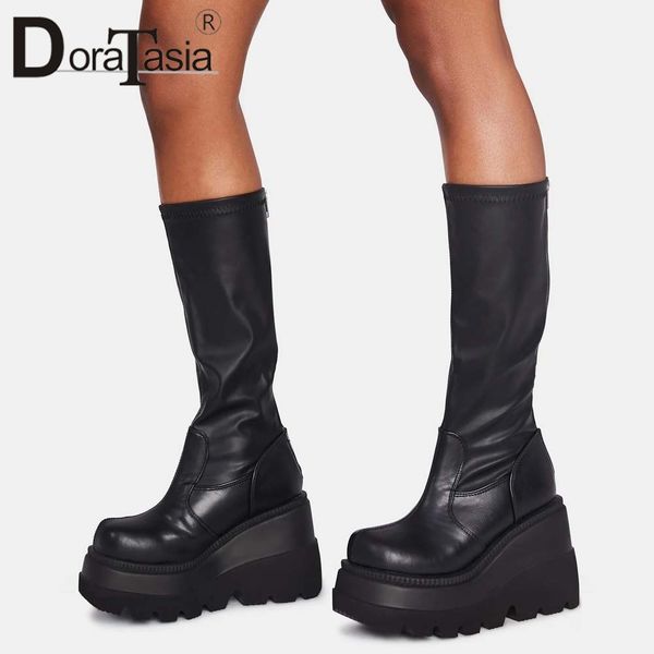 

doratasia big size 35-43 brand design ladies high platform boots fashion zip high heels boots women 2020 wedges shoes woman c1011, Black;white