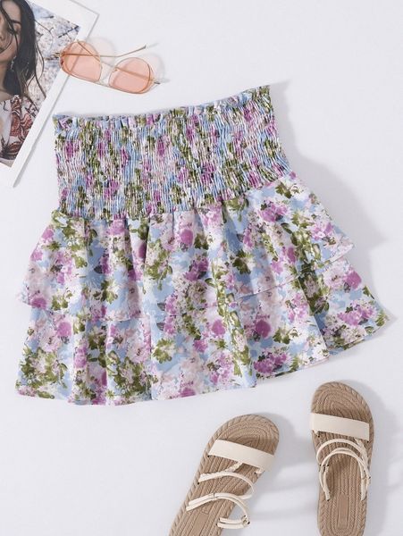 

allover floral print shirred ruffle layered hem skirt a3br#, Black