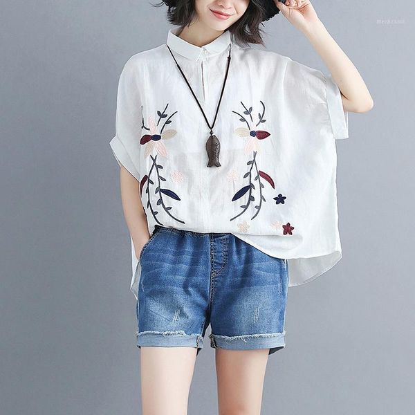 

blouse women summer new style vintage national style embroidered large cotton linen loose bat sleeve pullover women 1, White