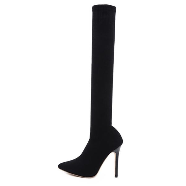 

winter for woman new fashion pointed toe elegant pure color clear heels boots stilettos heels over the knee boots 35-40, Black