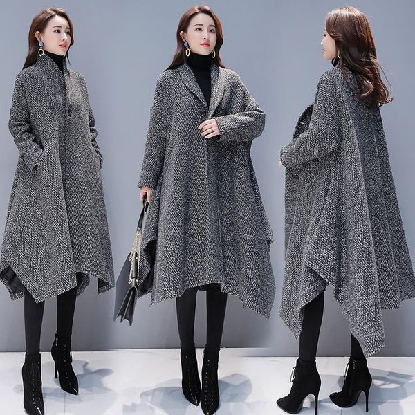 

winter wool coat women korean style loose overcoat long woolen one button lady outwear fashion stand collar trench coats women's clothi, Tan;black