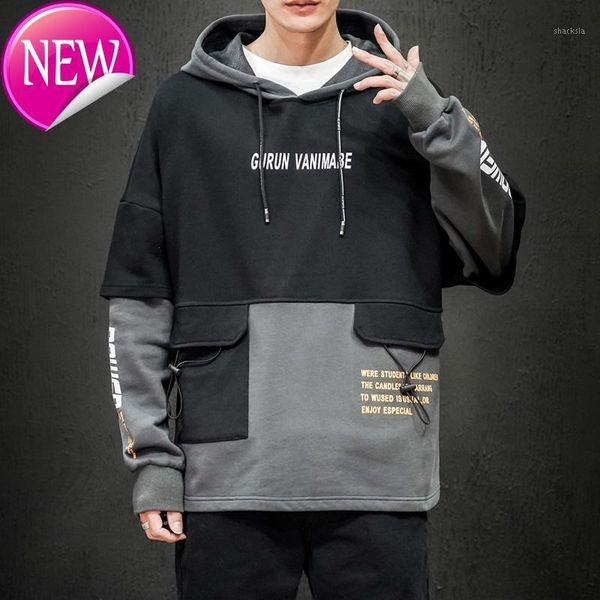 

autumn spring patchwork 2020 hoodie sweatshirt mens hip hop punk pullover streetwear casual fashion clothes plus size 5xl 6xl1, Black