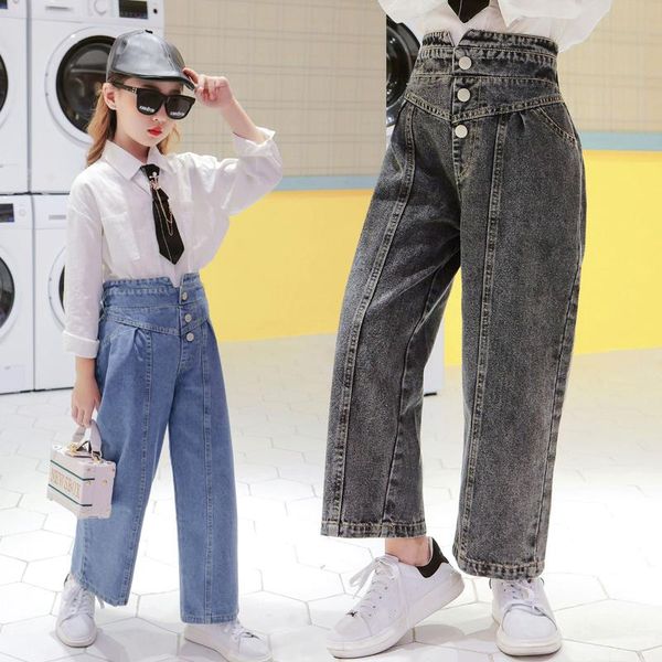

girls jeans baby denim pants kids wide leg trousers children bottoms streetwear high waist straight bud buttons 3-14 pants, Blue