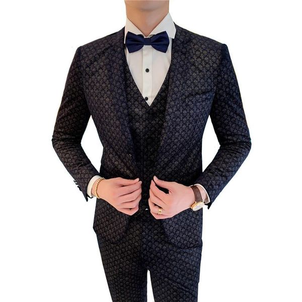 

suit three-piece (blazer + vest + pants) high-end luxury party dress men's party autumn winter velvet printed lattice slim suits, White;black