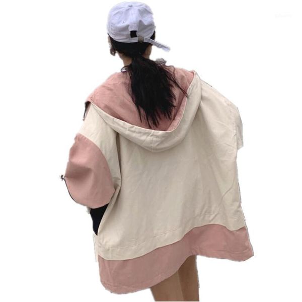 

autumn jacket female spring hooded jacket students loose bf loose harajuku retro hit color medium long windbreaker g11481, Tan;black