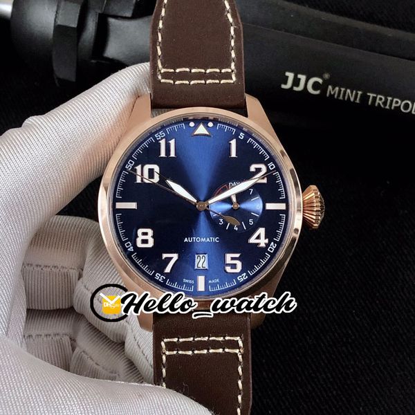 Especial Grande Montre d'Aviationur Pouco Príncipe Rose Gold Case IW500909 Azul Dial Data Automática 7 Day Power Reserve Mens Assista Cinta De Couro