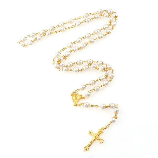 

religious jewelry 8mm jesus christ white pearl catholic cross rosary necklace, Silver