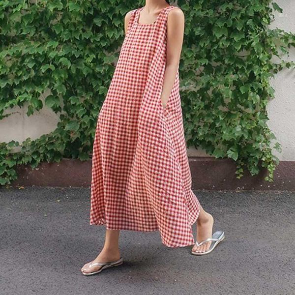 

casual dresses women summer plaid long dress lady sleeveless sundress korean style simple beach robe loose plus size dresses1, Black;gray