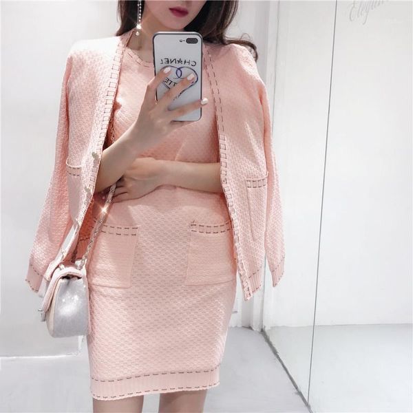 

amolapha fashion women knitted single breasted coats+dress sets female woman knitting vest dresses+v collar jacket coat suits1, Gray