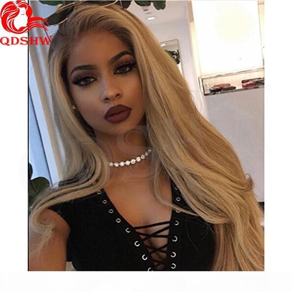 

human blonde hair lace front wigs ombre dark roots natural straight virgin brazilian glueless ombre 613 blonde full lace wig pre plucked, Black;brown