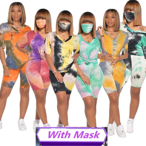 

rtrade women sports suit two pieces set v neck short pants tie dye tracksuit 2 pieces set outfit casual outdoor wear, Gray