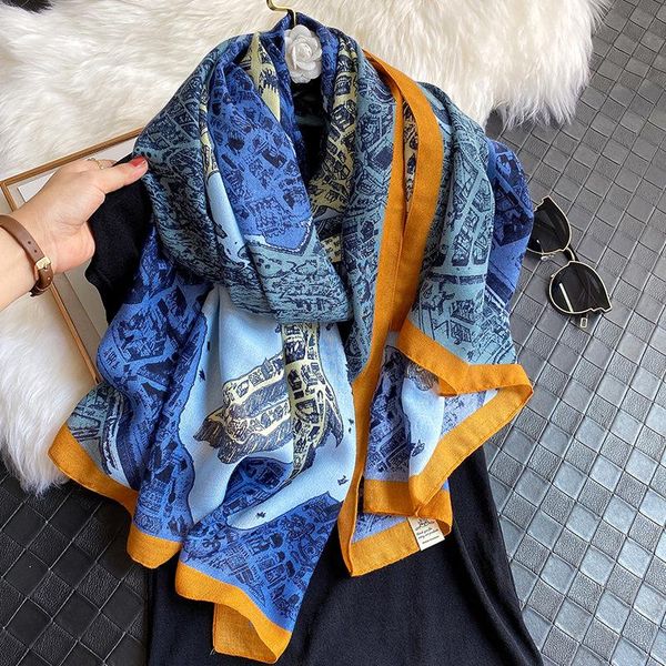 

scarves 2021 luxury cotton scarf women design foulard hijab shawl lady wrap horse print female beach head bandana, Blue;gray