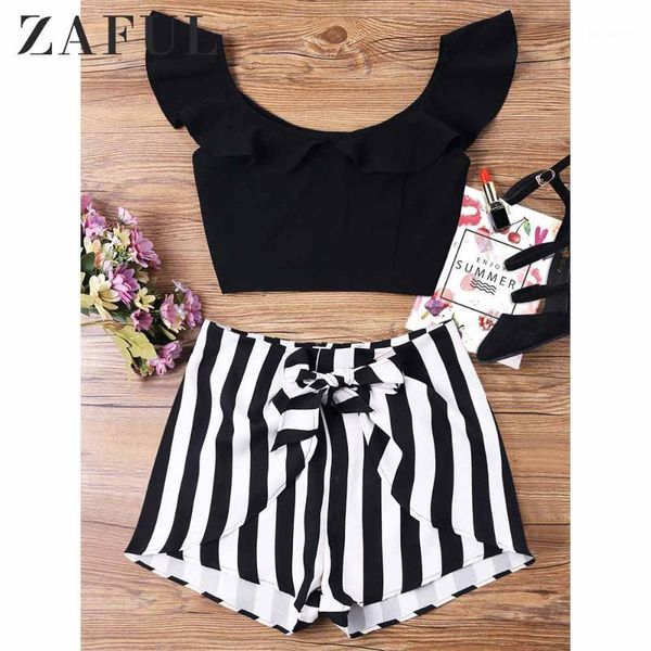 

zaful sets women flounce crop and striped shorts set ruffle striped shorts two piece set summer streetwear casual 20191, White