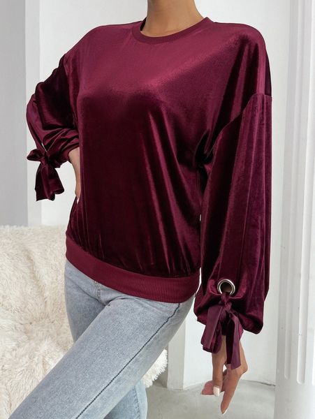 

tie cuff drop shoulder velvet pullover r9xp#, White;black