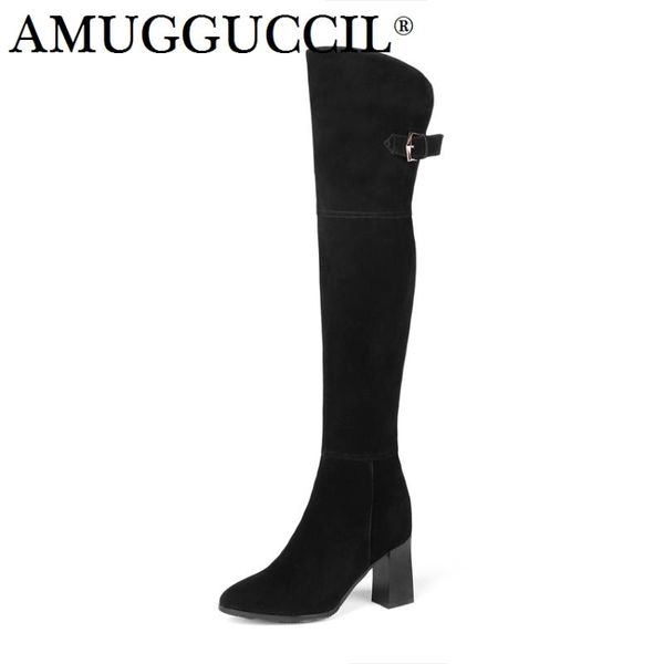 

2020 new cow suede plus big size 34-45 black buckle zip over the knee thigh high autumn winter women boot x1709