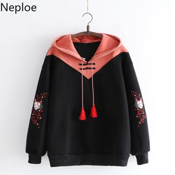 

women's hoodies & sweatshirts neploe women fleece thick cute embroidery winter autumn pullovers jumpers japanese 2021 hooded coat 56439, Black