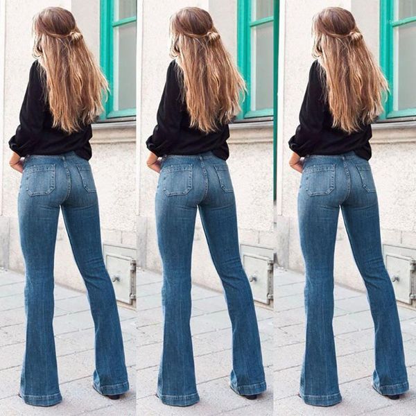 

women's jeans fashion brand elastic women button washed denim pants femme pocket trouser boot cut straight line flare jeans1, Blue