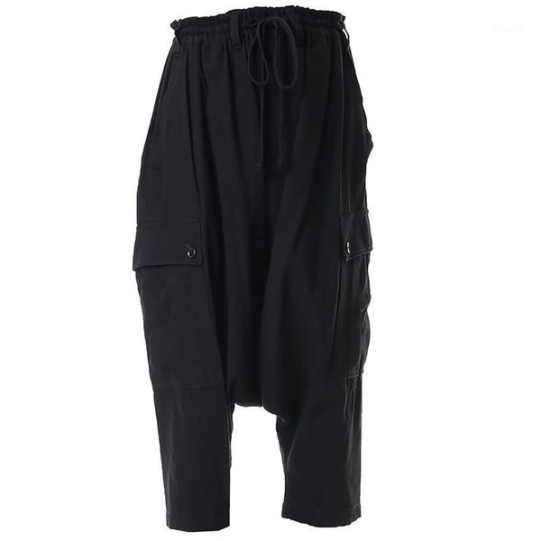 

new 2020 men's hair stylist fashion casual pants cropped harem pants low crotch plus size costumes1, Black