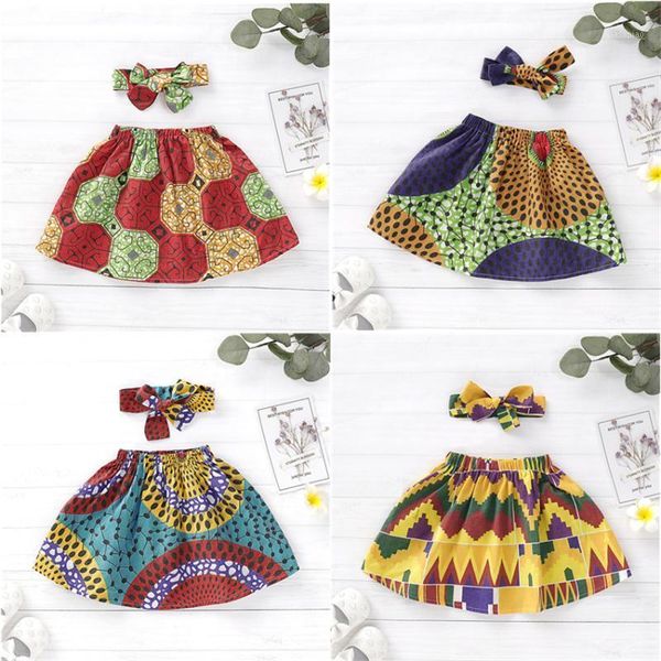 

girls african fashion style dashiki 5colors printed summer skirt with headband children national cotton africa clothes1, Red