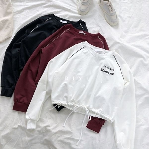 

6oyyr осень 2020 новое корейское письма шнурка длиной короткой футболка женского подол вышивка кружево вышитых sweatert футболка sweaterup р, White