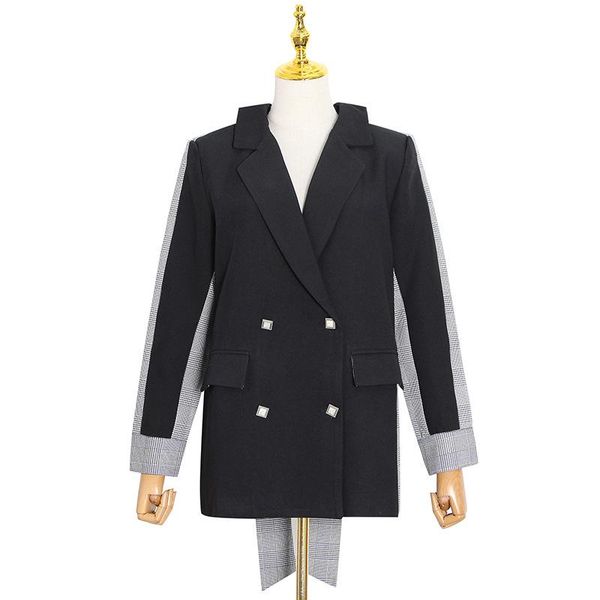 

high street new fashion 2021 designer blazer women's notched collar long sleeve double breasted plaid patchwork blazer coat, White;black
