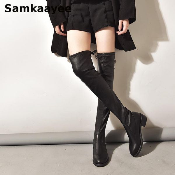 

size 35-40 womens boots winter female knee botas thigh high platform shoes 4.5cm heels pu leather flock round toe zapatos y44, Black